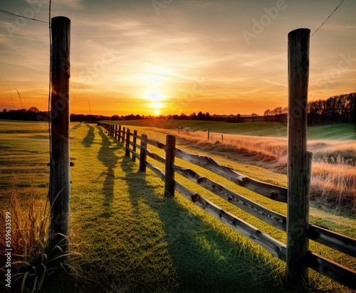 sunset over a field of wheat and trees with fences, agriculture, background, beautiful, blue, cloud, clouds, country