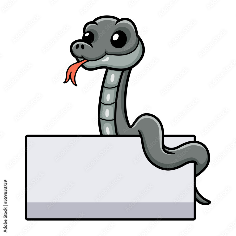 Fototapeta premium Cute black mamba snake cartoon with blank sign