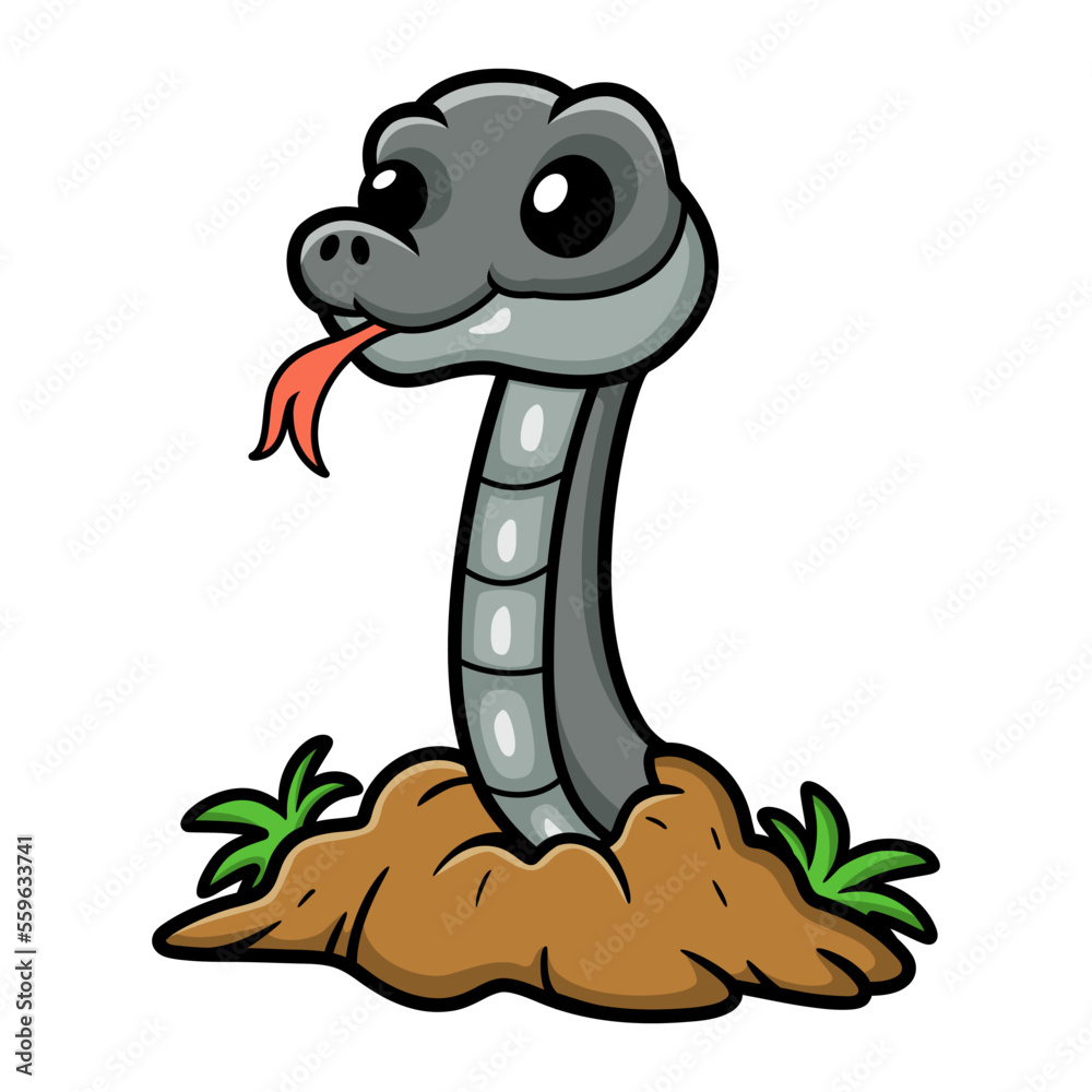 Fototapeta premium Cute black mamba snake cartoon out from hole