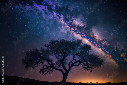 Long exposure shot of a tree silhouette and the Milky Way. Generative AI