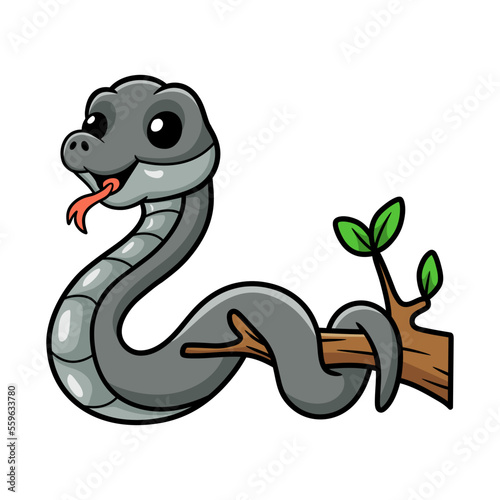 Cute black mamba snake cartoon on tree branch