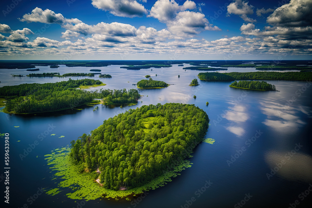 Masuria. Aerial image of clouds and lush islands on a lovely summer day. Poland's Masurian Lake District. Generative AI - obrazy, fototapety, plakaty 
