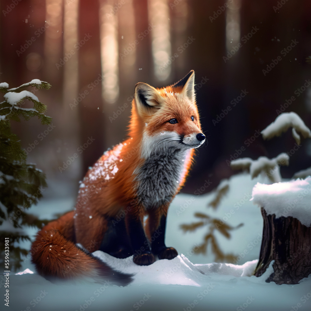 Sitting red Fox close-up face, in winter forest, Generative AI Sitting red Fox close-up face, in winter forest, Generative AI