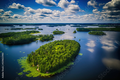 Masuria. Aerial image of clouds and lush islands on a lovely summer day. Poland's Masurian Lake District. Generative AI photo
