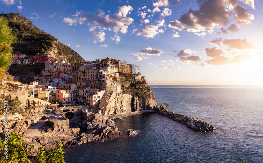 Small touristic town on the coast, Manarola, Italy. Cinque Terre. Sunset Sky Art Render