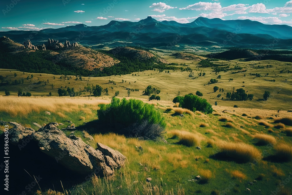 Obraz premium Beautiful picture of a dry landscape with vegetation and tall, rocky mountains. Generative AI