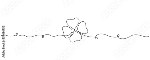 One continuous line drawing of four-leaved clover. Good luck floral symbol in simple linear style. Concept for web banner Saint Patrick Day in editable stroke. Contour vector illustration