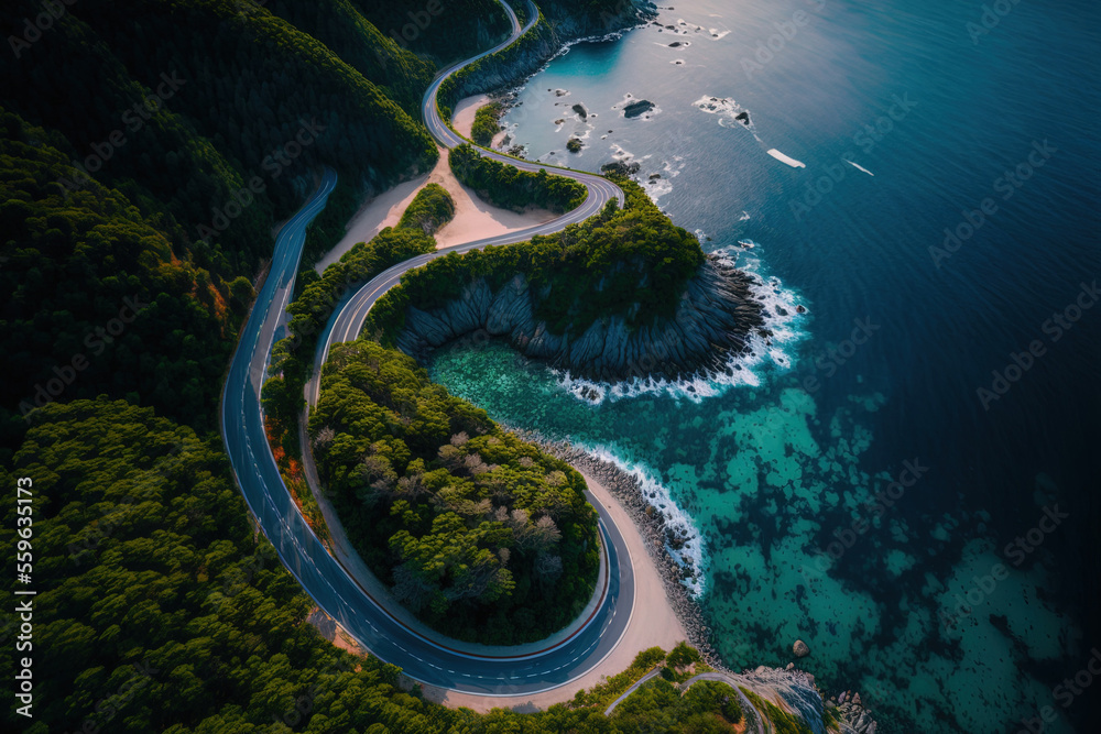 aerial picture of a curvy road next to the ocean in Korea's Namhae gun. Generative AI - obrazy, fototapety, plakaty 