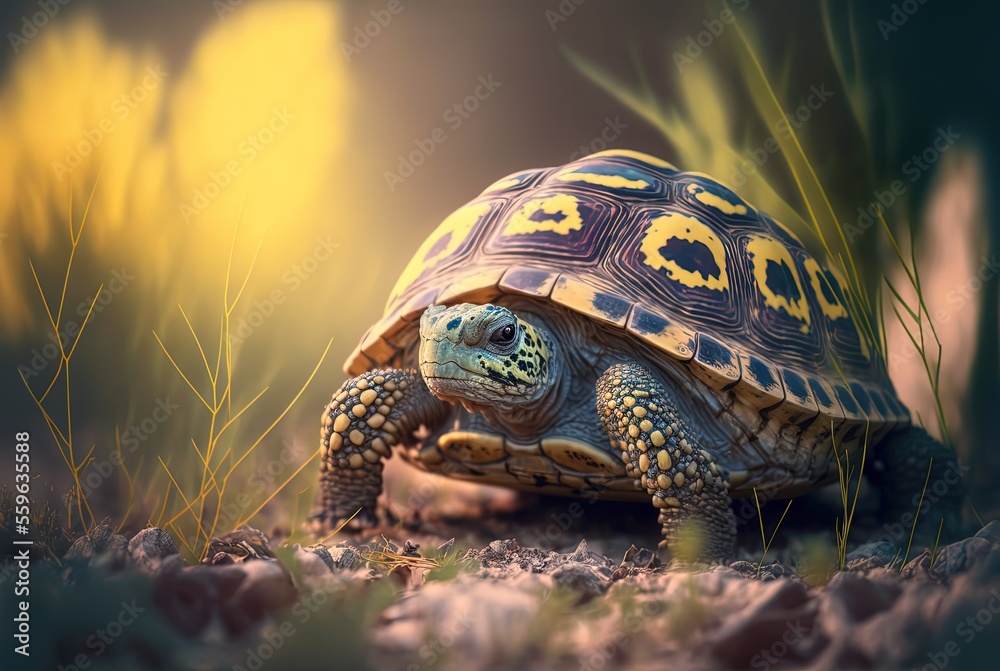 Obraz premium illustration of Leopard tortoise in nature green background with sunlight bokeh