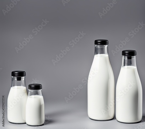 white and gray milk bottle with a glass of water on a dark background