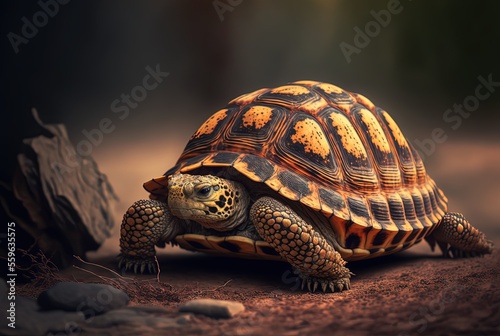 illustration of Leopard tortoise in nature green background with sunlight bokeh