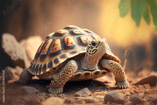 illustration of Leopard tortoise in nature green background with sunlight bokeh