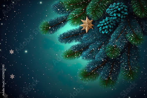 a banner with a blue night sky, stars, and snowflakes and a green pine tree with a cone on top. Generative AI © 2rogan