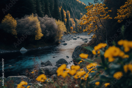 River during the sunny hours of fall, surrounded by flowers. Generative AI
