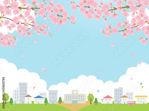 桜咲く春の街の風景_背景フレーム_ベクターイラスト