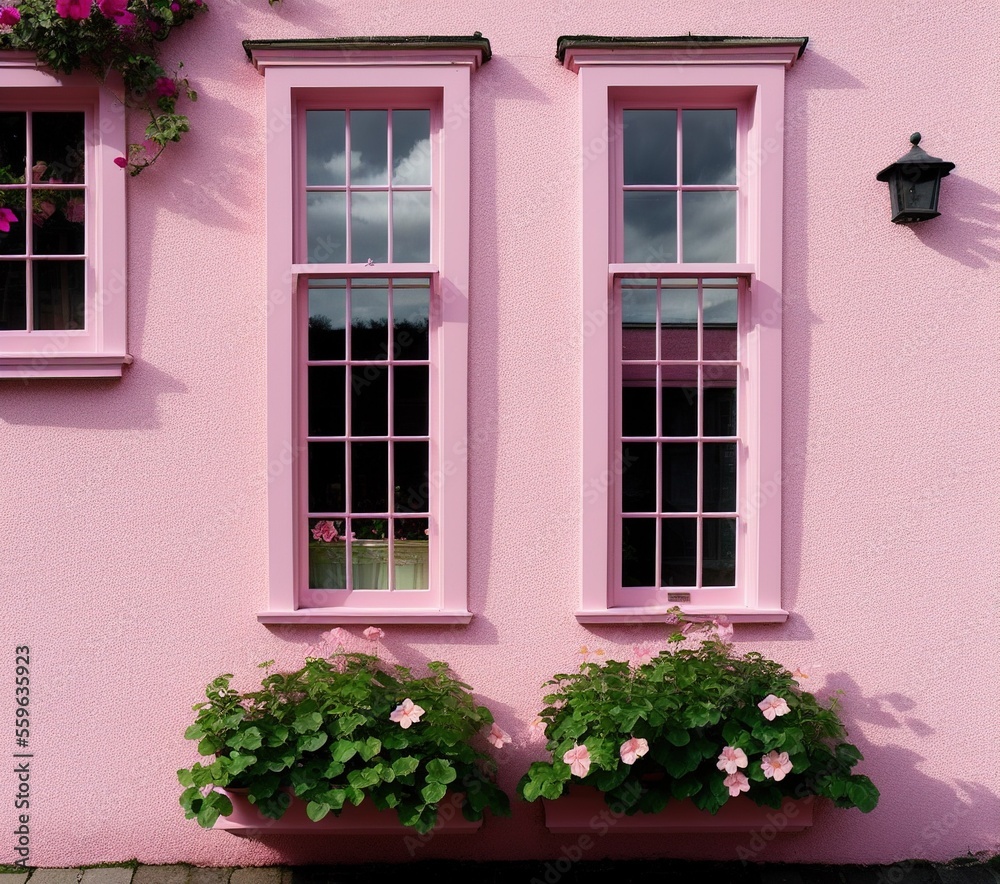 Fototapeta premium pink house with beautiful window in a garden with a white wall