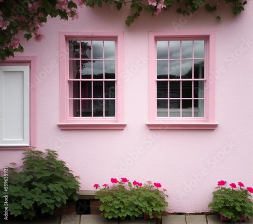 pink house with beautiful window in a garden with a white wall