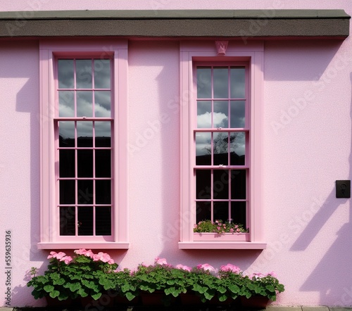 pink house with beautiful window in a garden with a white wall