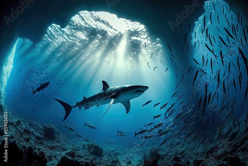 Shark diving on the ocean floor in clear water. Generative AI Fototapet