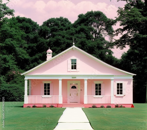pink house with beautiful window in a garden with a white wall