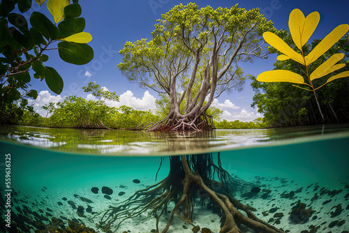 Underwater photograph of a mangrove forest with flooded trees, an uncommon underwater scene, and an underwater ecology. Generative AI photo