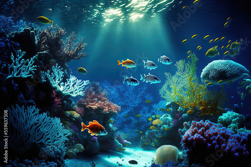 Underwater view of a marine environment with a blue ocean and untamed nature in the backdrop. Generative AI © 2rogan