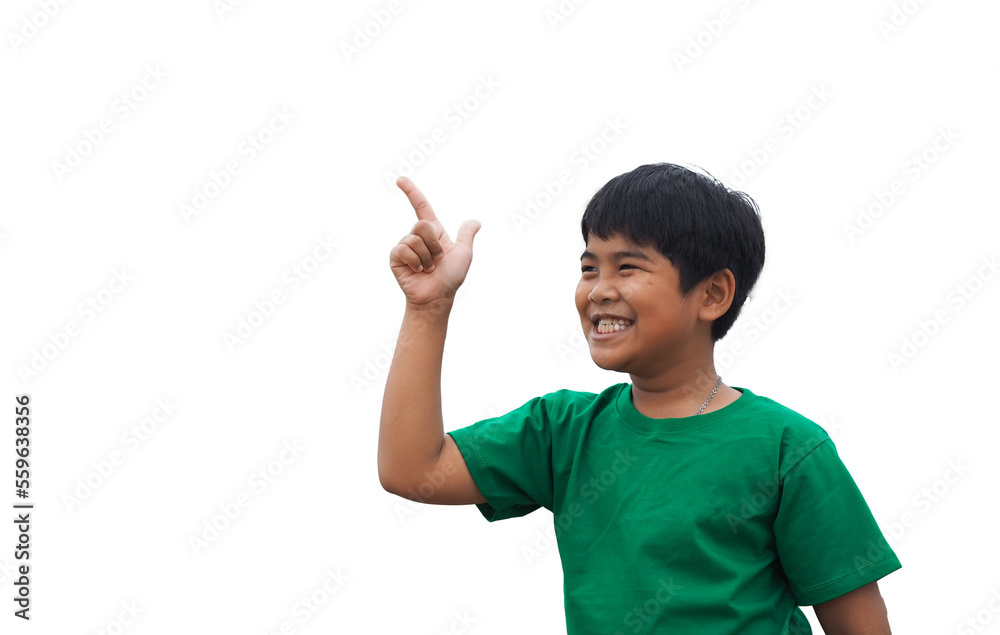 The boy smiled and pointed his hand to his side. on a white background The boy smiled and pointed his hand to his side. on a white background