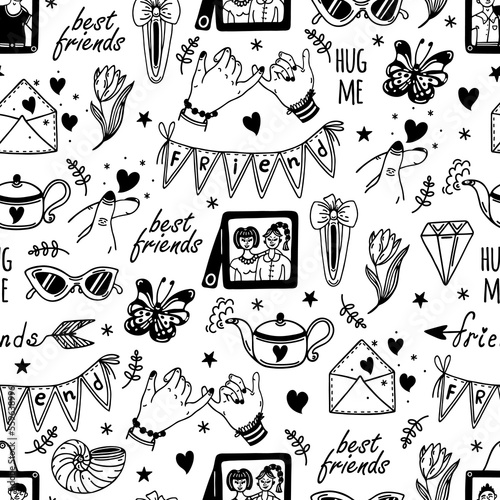 Friendship seamless vector pattern. Friends, family, colleagues. Symbols of good relations - photos, hugs, crossed pinky, letters. Teenage boys, girls. Hand drawn doodles. Background for cards, prints