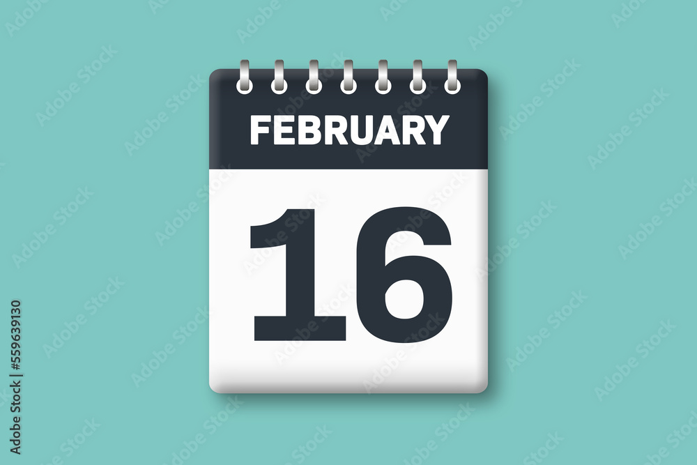 February 16 - Calender Date 16th of February on Cyan / Bluegreen Background February 16 - Calender Date 16th of February on Cyan / Bluegreen Background