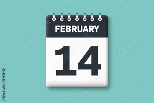 February 14 - Calender Date 14th of February on Cyan / Bluegreen Background