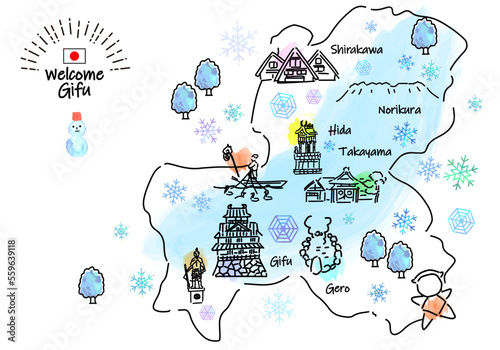 冬の岐阜県の観光地のシンプル線画イラストマップ photo