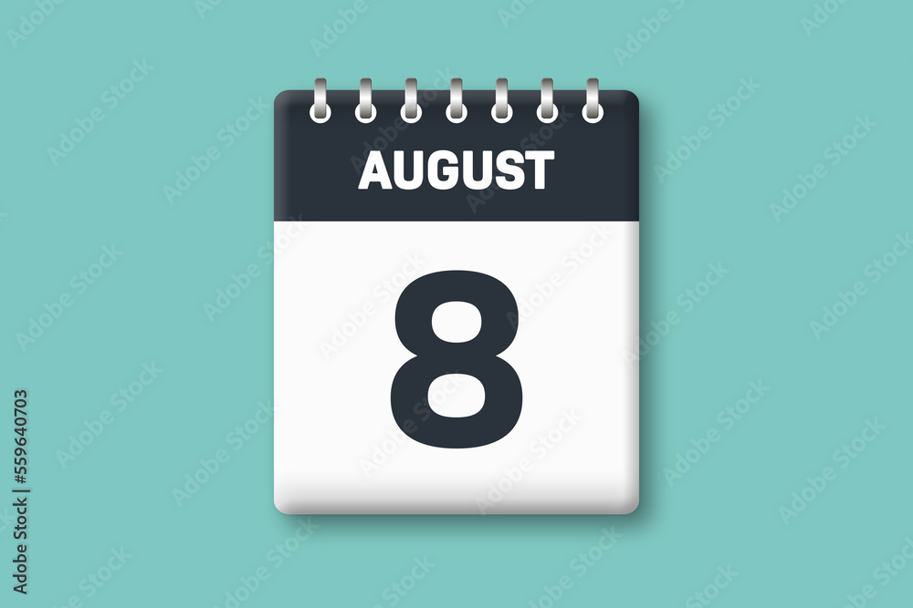 August 8 - Calender Date 8th of August on Cyan / Bluegreen Background August 8 - Calender Date 8th of August on Cyan / Bluegreen Background