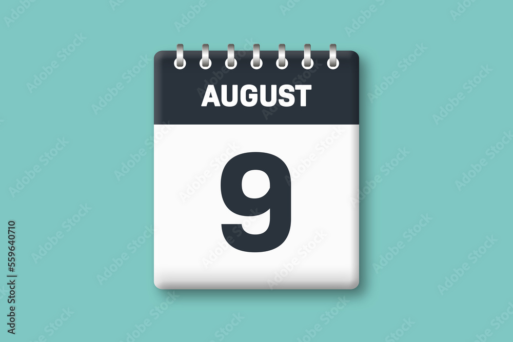August 9 - Calender Date 9th of August on Cyan / Bluegreen Background August 9 - Calender Date 9th of August on Cyan / Bluegreen Background