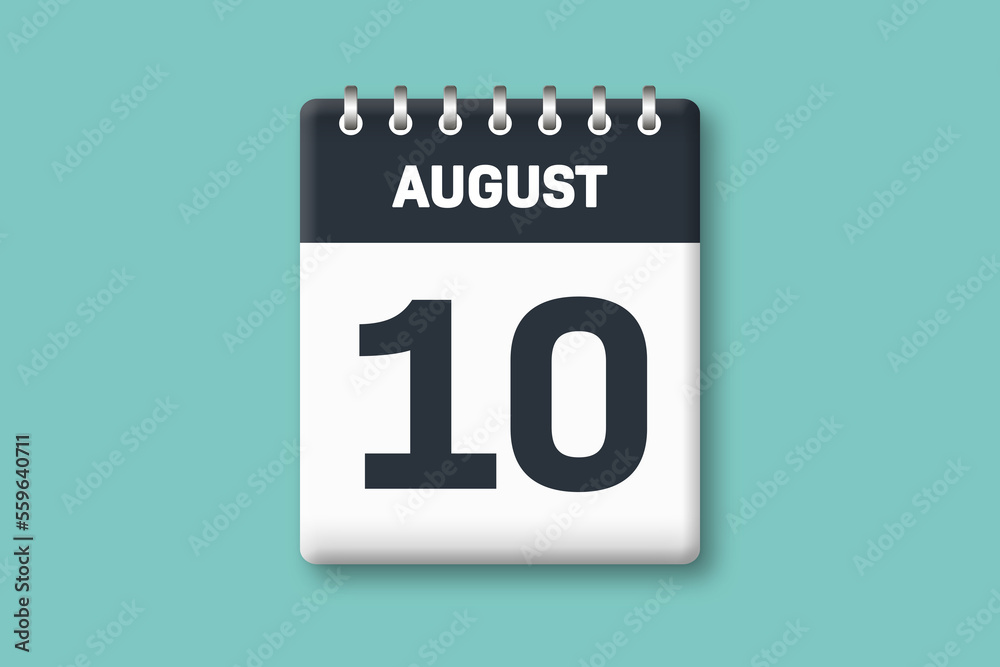 August 10 - Calender Date  10th of August on Cyan / Bluegreen Background