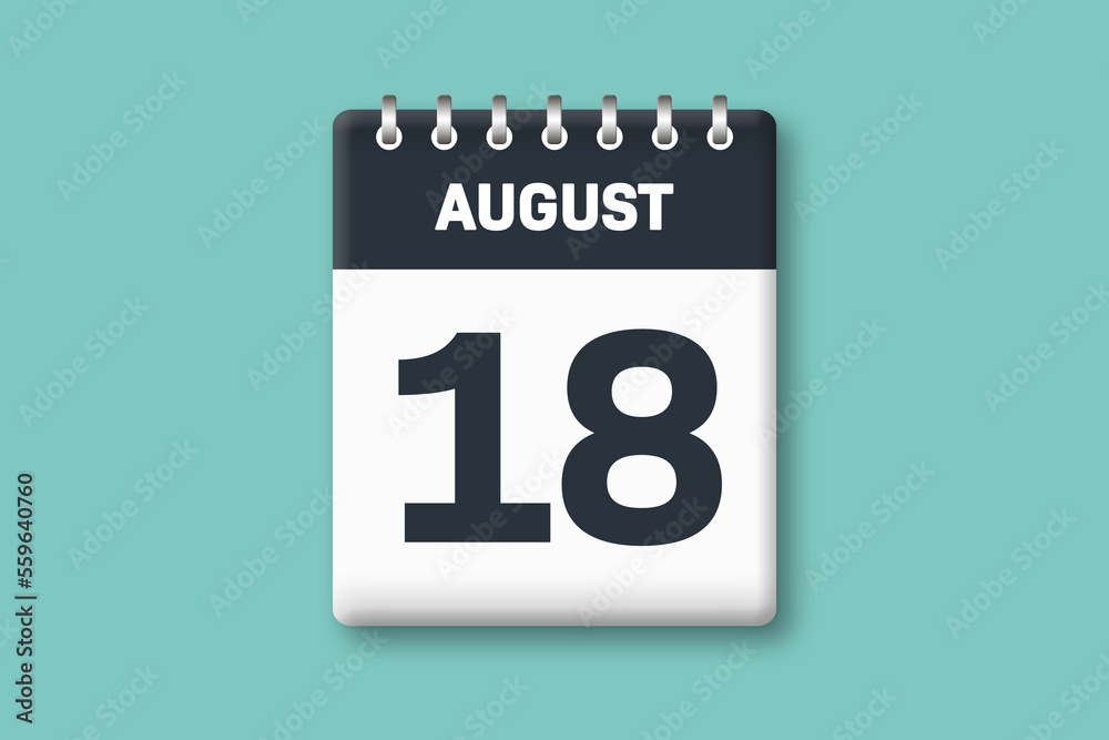 August 18 - Calender Date  18th of August on Cyan / Bluegreen Background