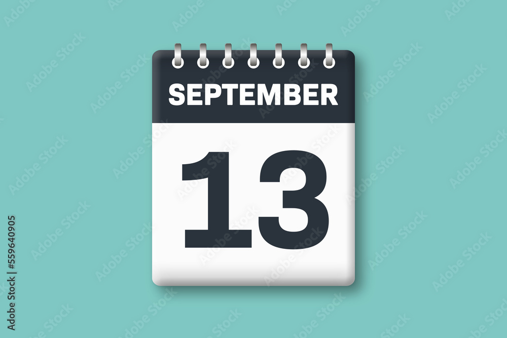 September 13 - Calender Date  13th of September on Cyan / Bluegreen Background