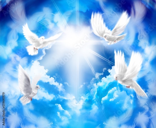 Lucky background illustration of a white dove, a symbol of peace, flying around a cloud in the shape of a heart symbol.