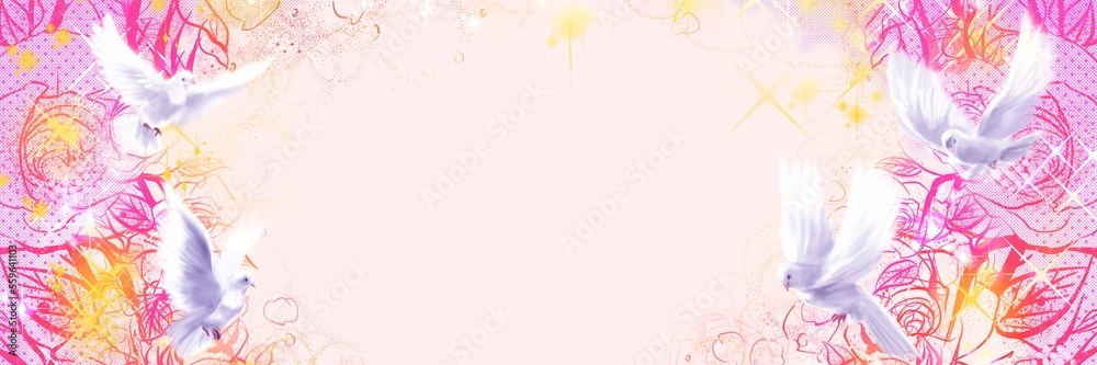 Fototapeta premium ペン画で描かれた美しい花畑と仲良く飛び回る平和の象徴の4羽の白い鳩のファンタジー背景イラスト