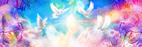 美しい星々と白い羽が漂う宇宙とペン画の花園で仲良く飛び回る平和の象徴の4羽の白い鳩のファンタジー背景イラスト