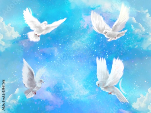 星が輝く宇宙を仲良く飛び回る平和の象徴白い鳩達の 神秘的な風景画イラスト