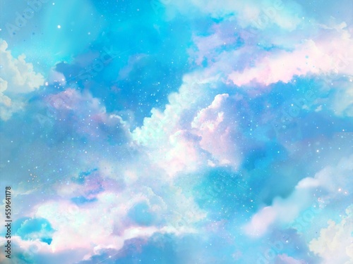 Clip art of fantasy background of colorful starry night sky and sea of clouds