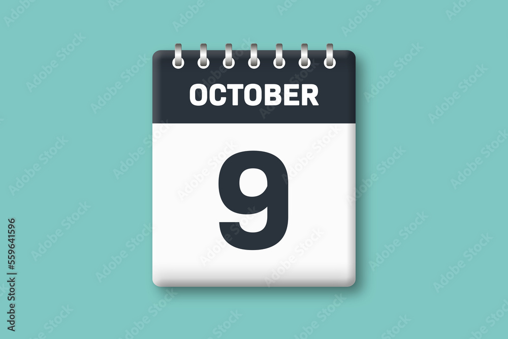 October 9 - Calender Date 9th of October on Cyan / Bluegreen Background October 9 - Calender Date 9th of October on Cyan / Bluegreen Background