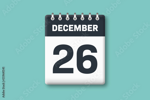 December 26 - Calender Date  26th of December on Cyan / Bluegreen Background photo