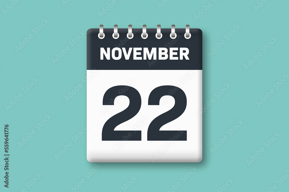 November 22 - Calender Date  22nd of November on Cyan / Bluegreen Background