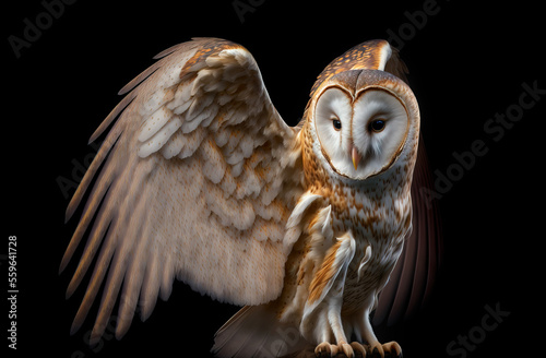 Big beautiful Barn Owl on black background with wings up showing off the feather details. Image was created with AI and digital Art.