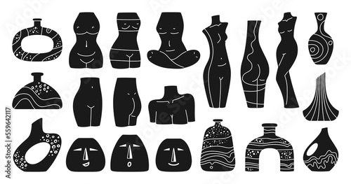 Vase female shape engraving modern set. Woman body form sculpture press stamp doodle vases. Boho elegant pitcher  simple printing ceramic jug. Figures woman bodies  bust vessel hand drawn vector