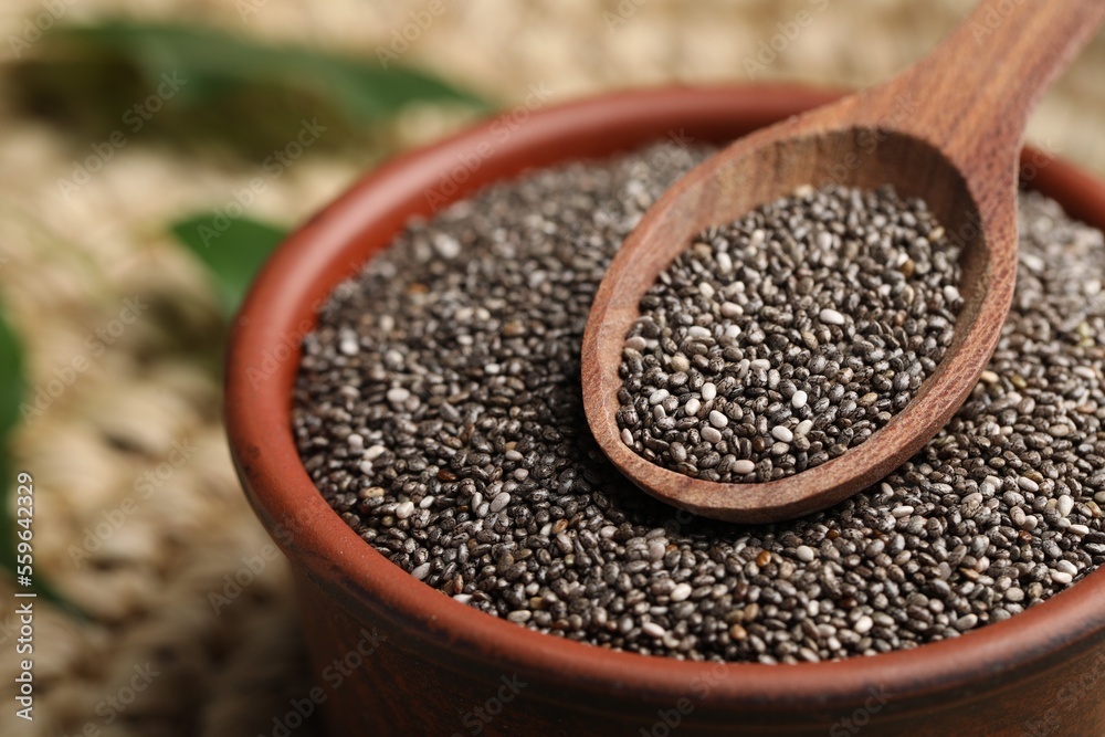 Bowl and spoon with chia seeds, closeup Bowl and spoon with chia seeds, closeup