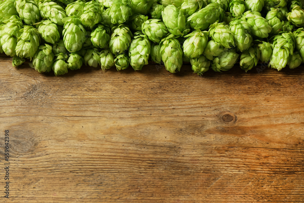 Fresh green hops on wooden table, top view. Space for text Fresh green hops on wooden table, top view. Space for text