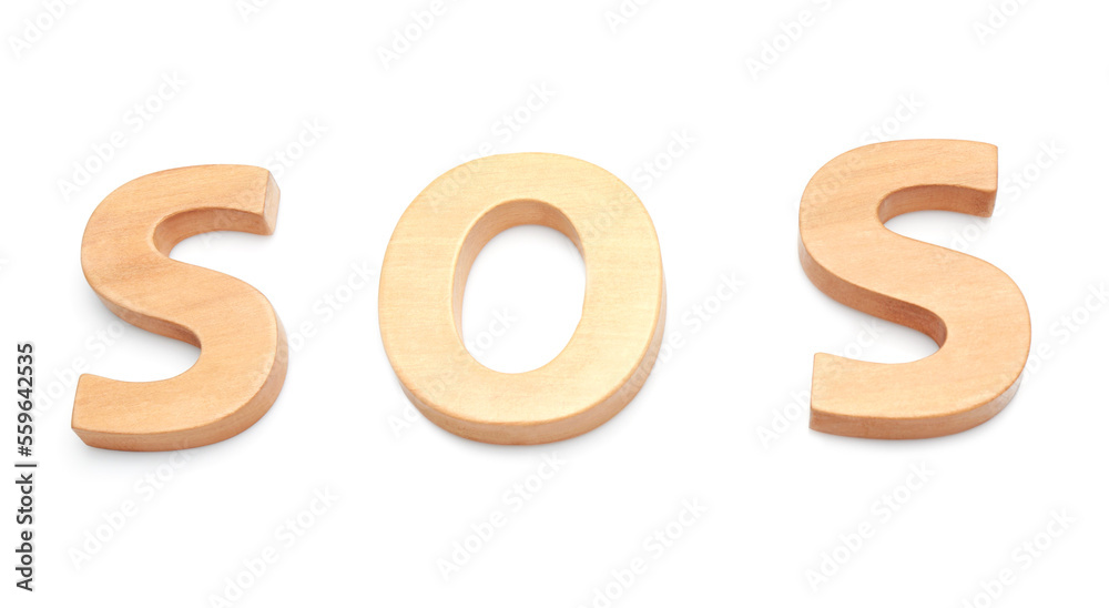 Abbreviation SOS made of wooden letters on white background Abbreviation SOS made of wooden letters on white background