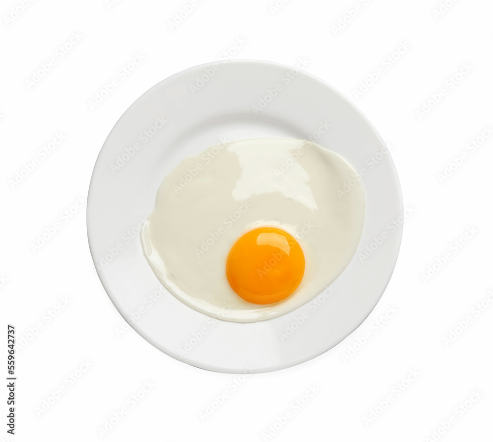 Plate with tasty fried egg isolated on white, top view Plate with tasty fried egg isolated on white, top view